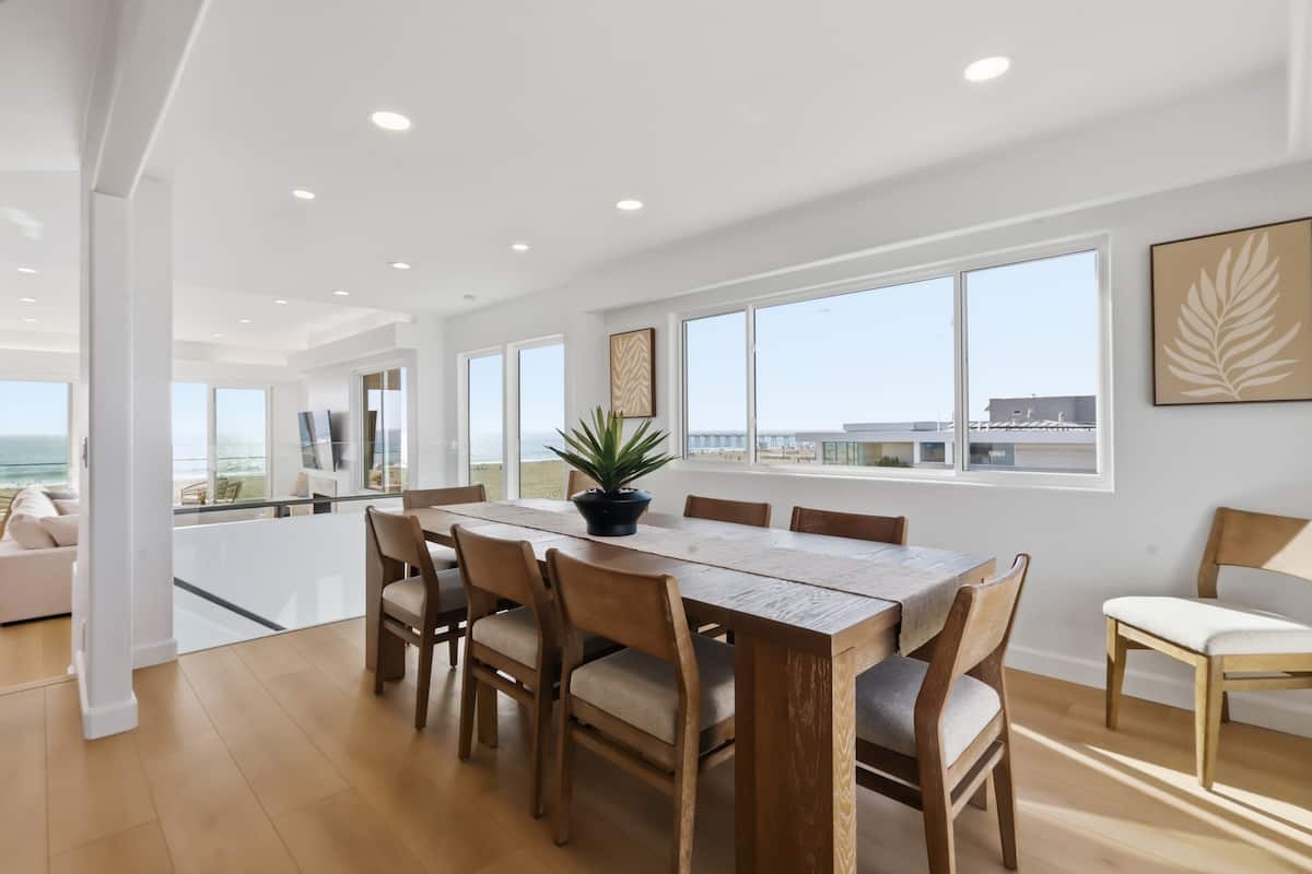Dining table arranged for eight guests