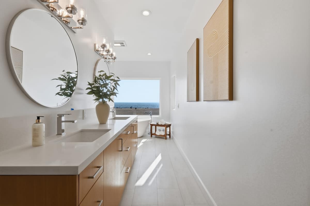 Double vanity in the serene primary bathroom
